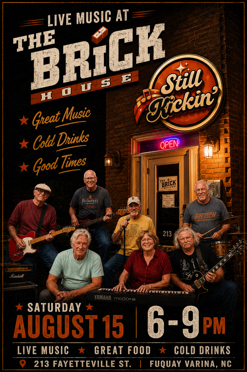 The Brick Still Kickin Band event poster, Saturday August 15 from 6 to 9 PM